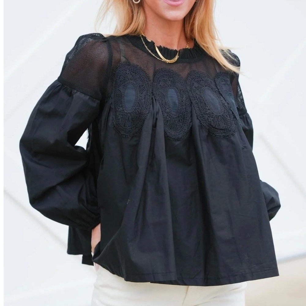 NWT Altar'd State Black Lace Mesh Crochet Blouse Balloon Sleeve XS